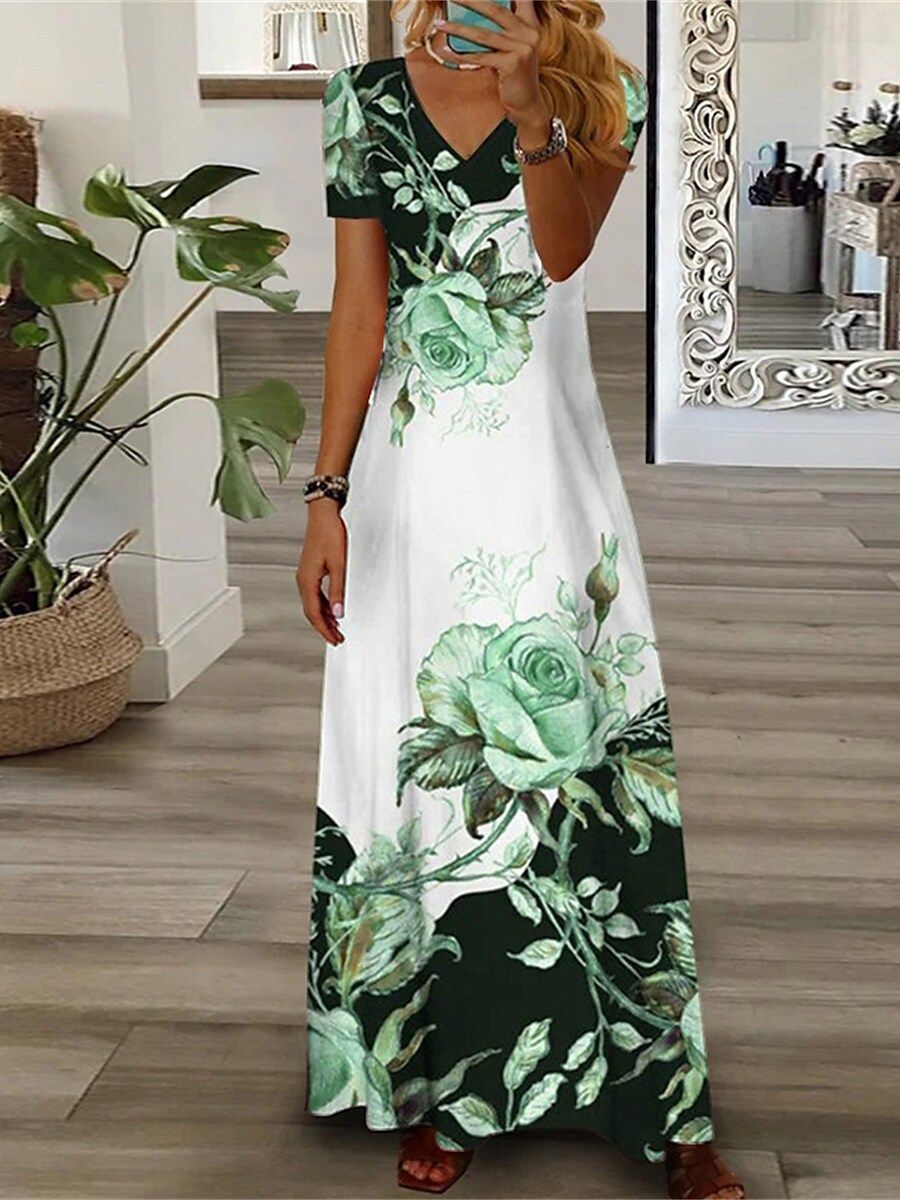 Fashion Streetwear V Neck Short Sleeve Printed Sun Dresses Plus size Maxi Dress for Women  Dresses