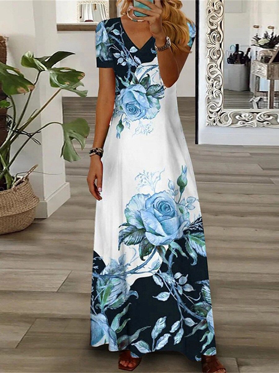 Fashion Streetwear V Neck Short Sleeve Printed Sun Dresses Plus size Maxi Dress for Women  Dresses