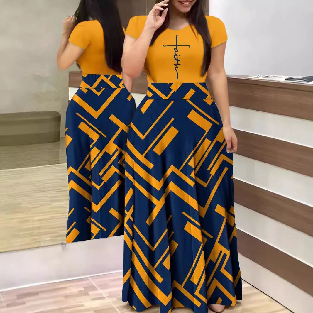 Summer Casual Printed Maxi Dress Women Letter O Neck Short Sleeve Ruched Tight High Waist Party Club Long Dress