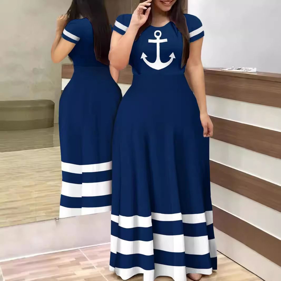 Summer Casual Printed Maxi Dress Women Letter O Neck Short Sleeve Ruched Tight High Waist Party Club Long Dress