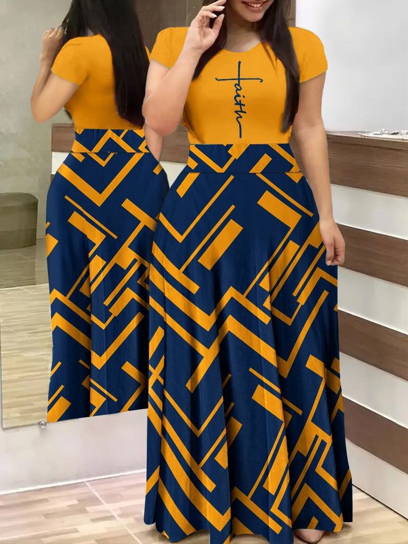 Summer Casual Printed Maxi Dress Women Letter O Neck Short Sleeve Ruched Tight High Waist Party Club Long Dress
