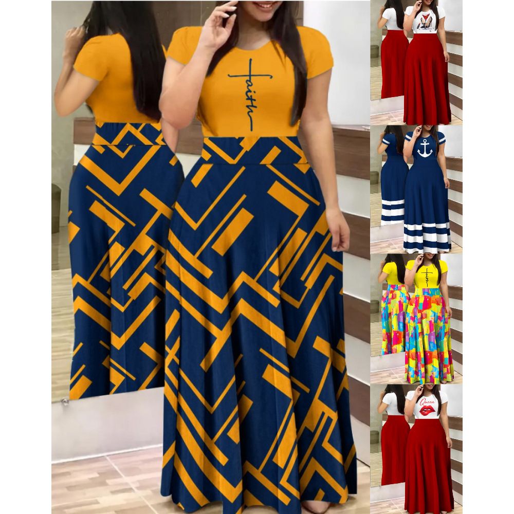 Summer Casual Printed Maxi Dress Women Letter O Neck Short Sleeve Ruched Tight High Waist Party Club Long Dress