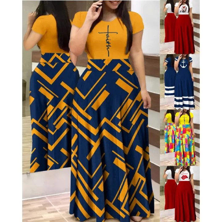 Summer Casual Printed Maxi Dress Women Letter O Neck Short Sleeve Ruched Tight High Waist Party Club Long Dress