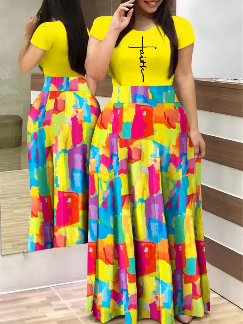 Summer Casual Printed Maxi Dress Women Letter O Neck Short Sleeve Ruched Tight High Waist Party Club Long Dress