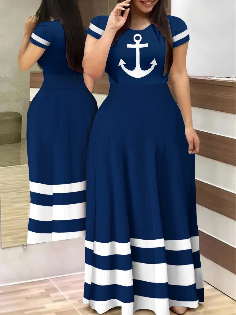Summer Casual Printed Maxi Dress Women Letter O Neck Short Sleeve Ruched Tight High Waist Party Club Long Dress