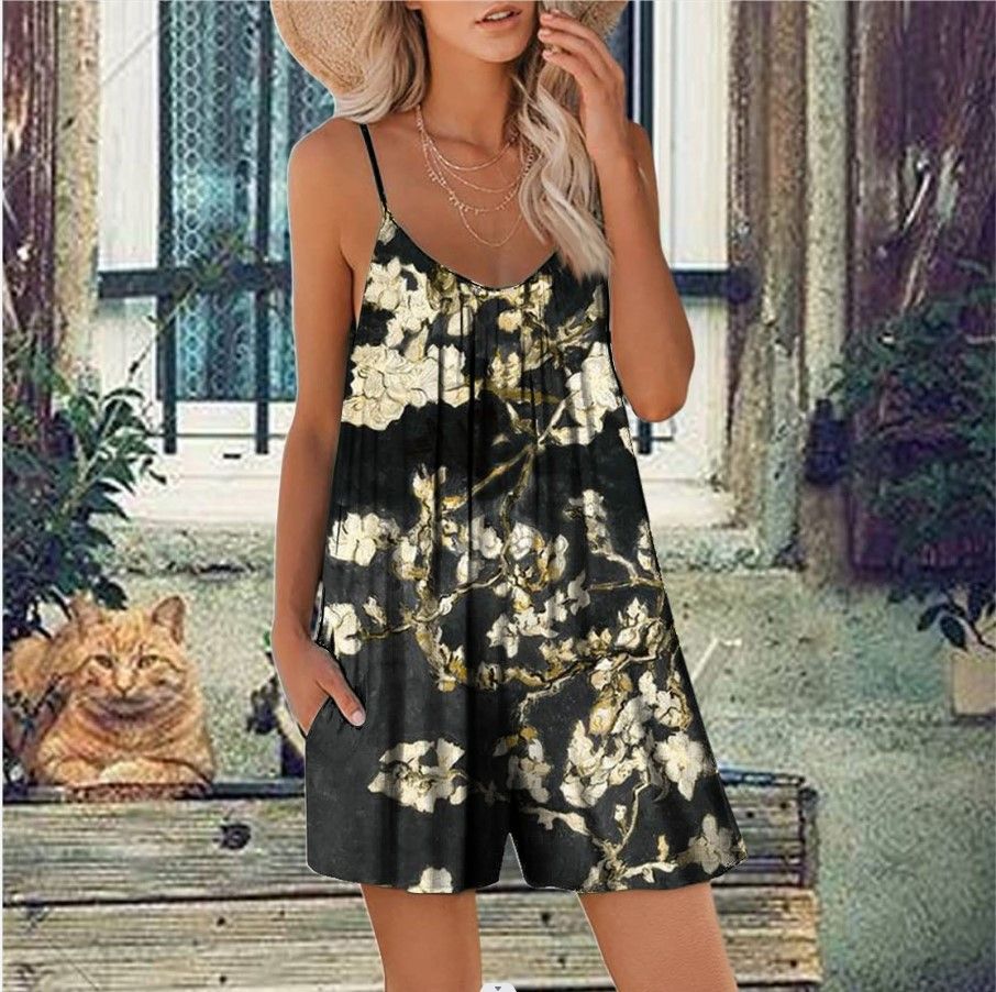 Hot Sell Black Background Yellow Flower Print Top Slips and Pants Ladies Pajamas Manufacturer Plus Size  > Jumpsuits & Rompers