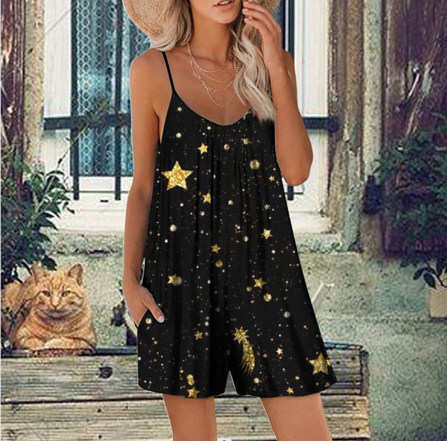 Hot Sell Black Background Yellow Flower Print Top Slips and Pants Ladies Pajamas Manufacturer Plus Size  > Jumpsuits & Rompers