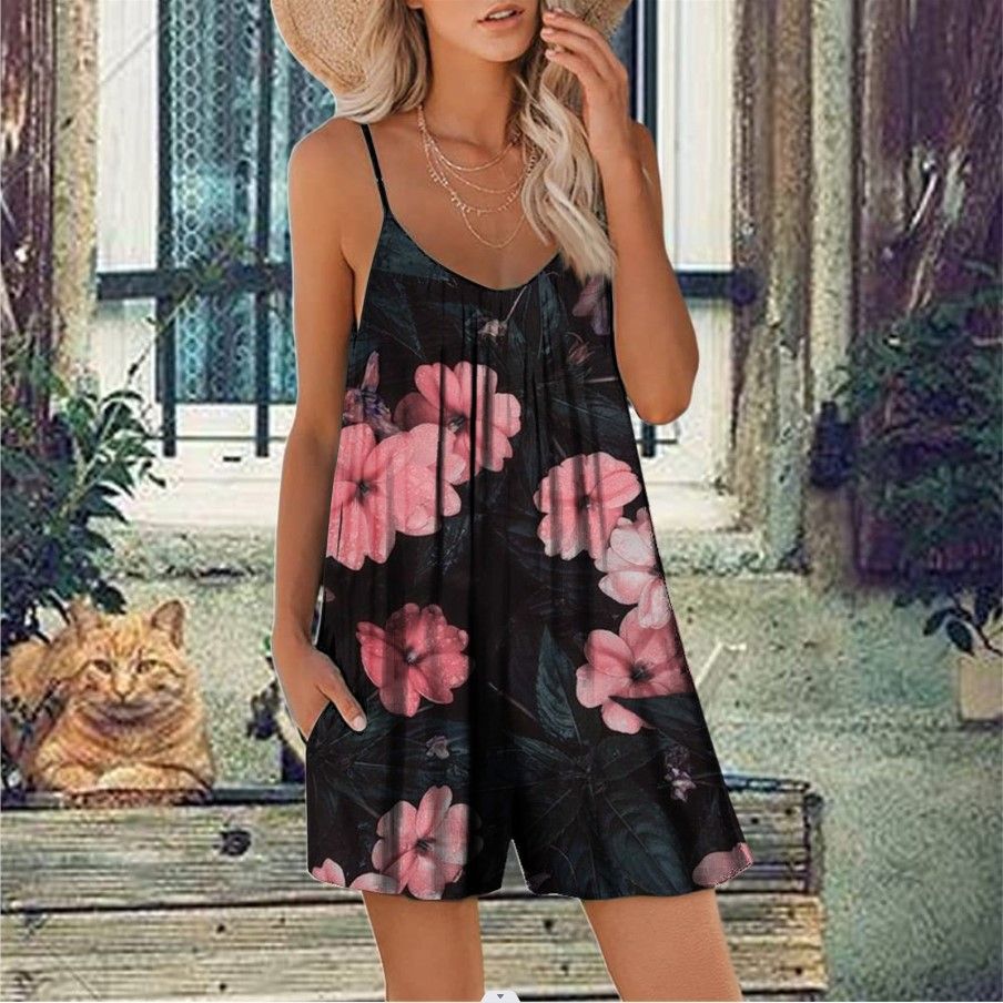 Hot Sell Black Background Yellow Flower Print Top Slips and Pants Ladies Pajamas Manufacturer Plus Size  > Jumpsuits & Rompers