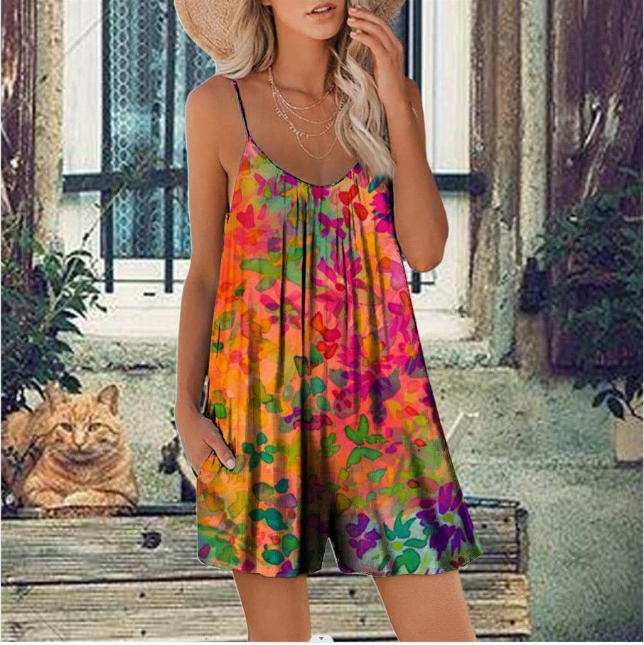 Hot Sell Black Background Yellow Flower Print Top Slips and Pants Ladies Pajamas Manufacturer Plus Size  > Jumpsuits & Rompers