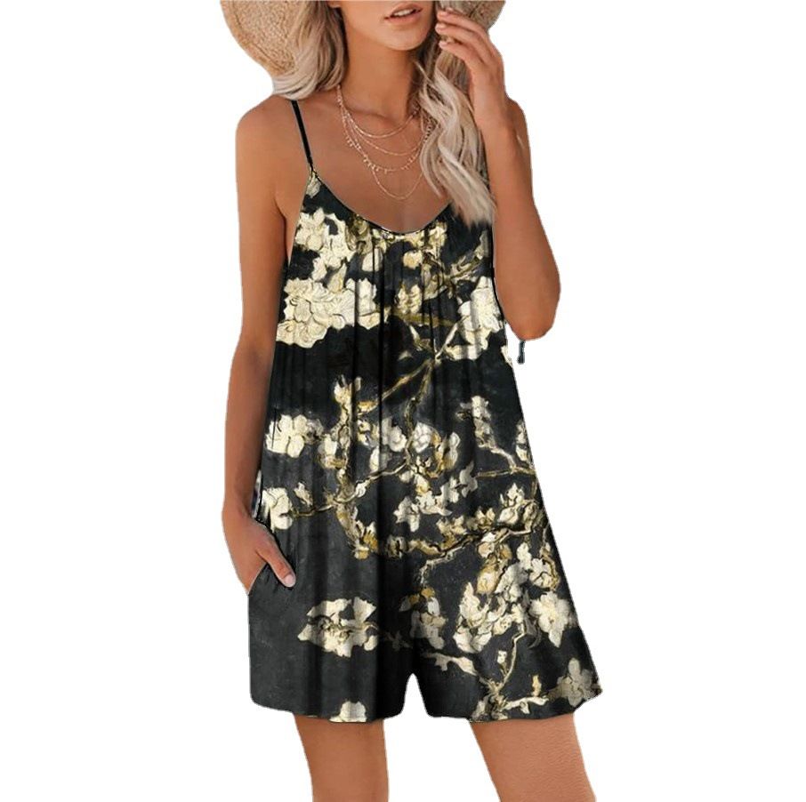Hot Sell Black Background Yellow Flower Print Top Slips and Pants Ladies Pajamas Manufacturer Plus Size  > Jumpsuits & Rompers