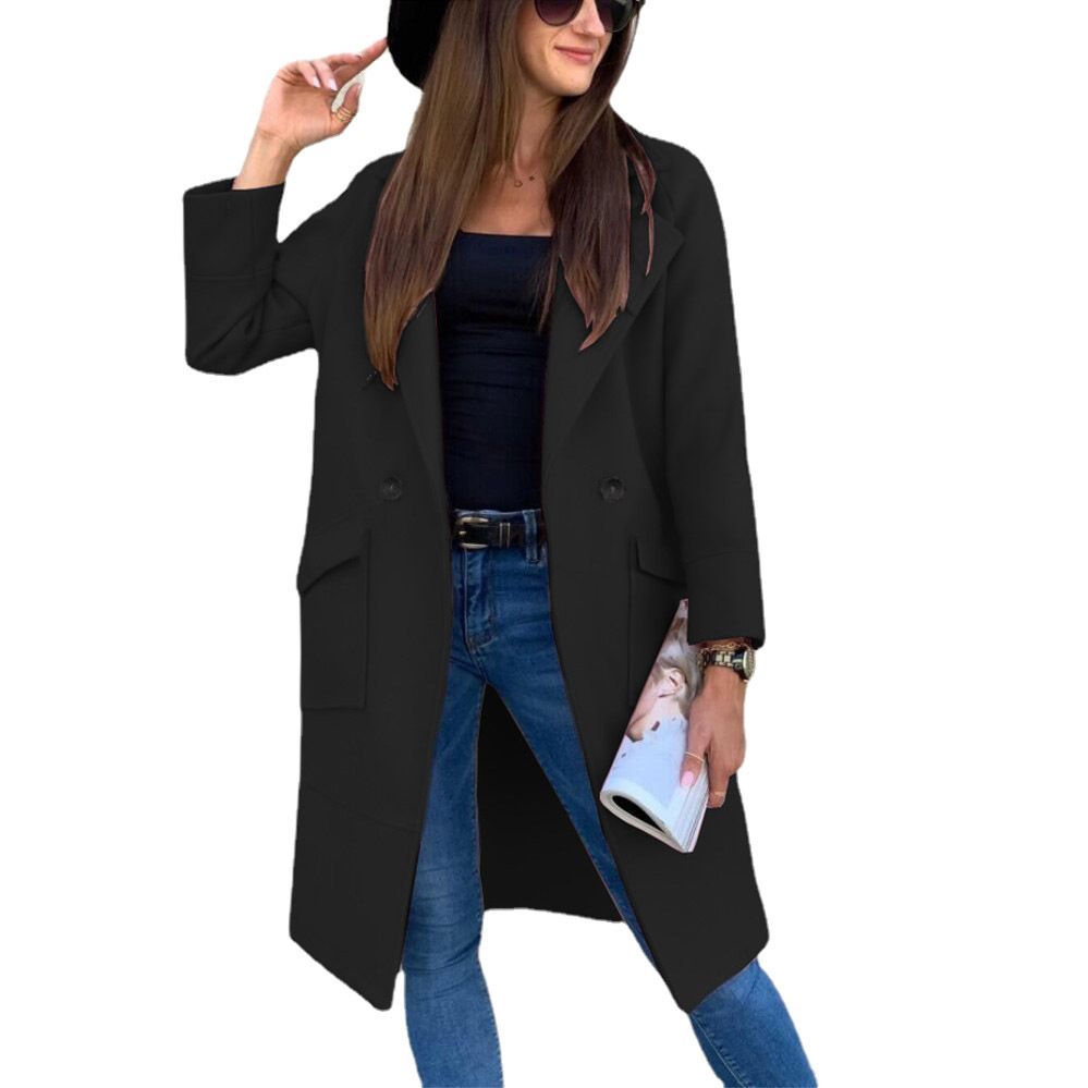 European and American Mid-Length Autumn and Winter Korean Style Lapel Slimming Solid Color Slim Women Woolen Coat Outerwear  Jackets & Coats