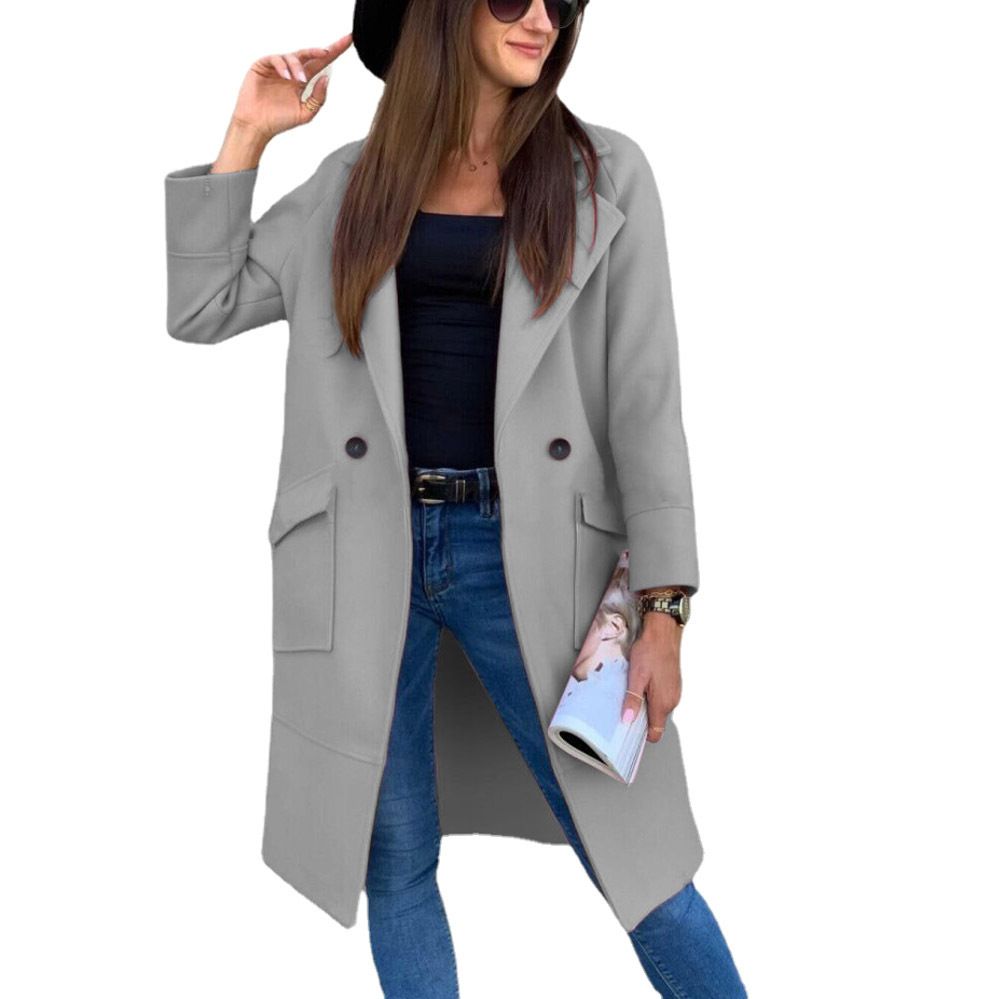 European and American Mid-Length Autumn and Winter Korean Style Lapel Slimming Solid Color Slim Women Woolen Coat Outerwear  Jackets & Coats