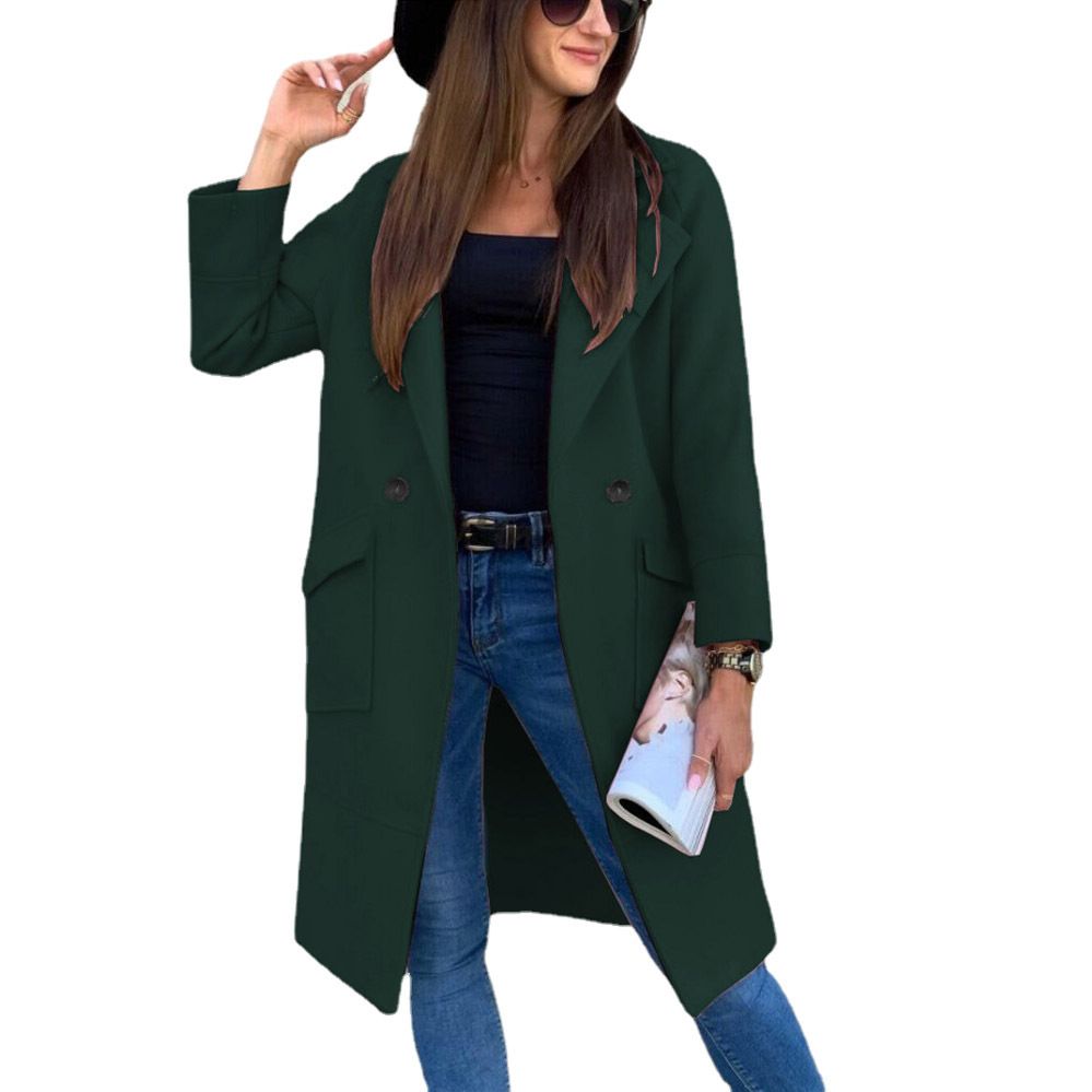 European and American Mid-Length Autumn and Winter Korean Style Lapel Slimming Solid Color Slim Women Woolen Coat Outerwear  Jackets & Coats