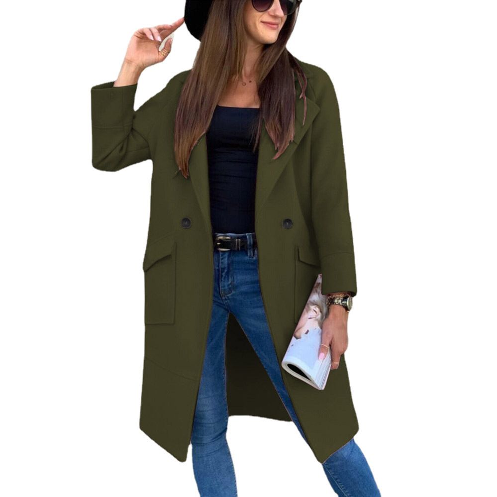 European and American Mid-Length Autumn and Winter Korean Style Lapel Slimming Solid Color Slim Women Woolen Coat Outerwear  Jackets & Coats