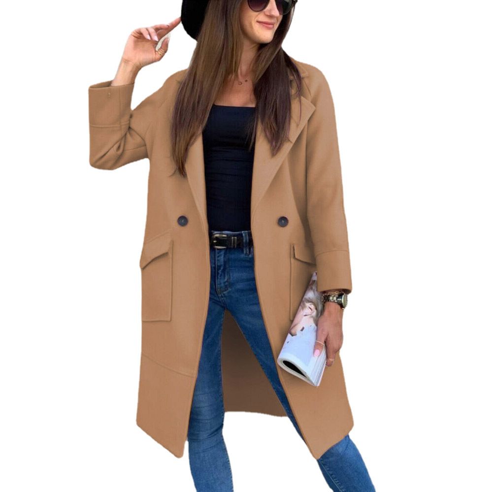 European and American Mid-Length Autumn and Winter Korean Style Lapel Slimming Solid Color Slim Women Woolen Coat Outerwear  Jackets & Coats