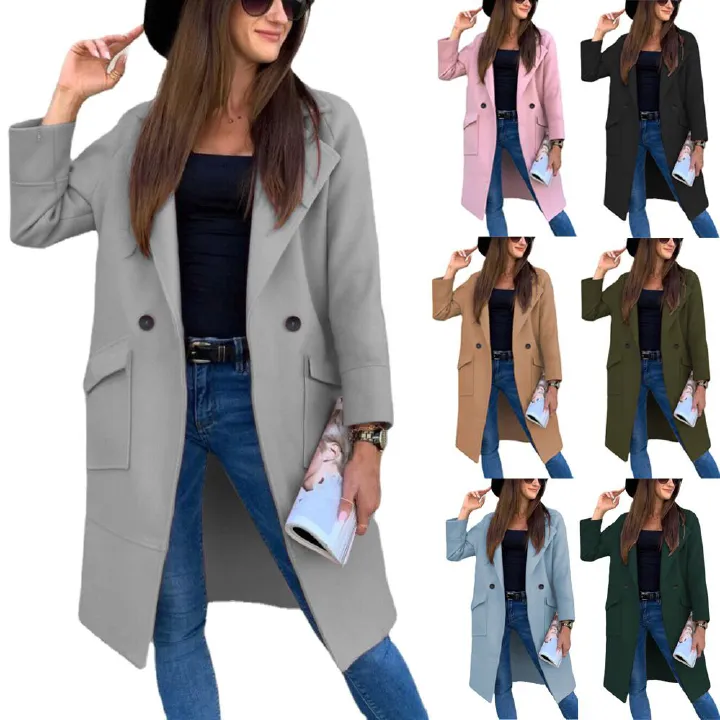 European and American Mid-Length Autumn and Winter Korean Style Lapel Slimming Solid Color Slim Women Woolen Coat Outerwear  Jackets & Coats