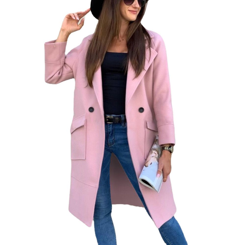 European and American Mid-Length Autumn and Winter Korean Style Lapel Slimming Solid Color Slim Women Woolen Coat Outerwear  Jackets & Coats