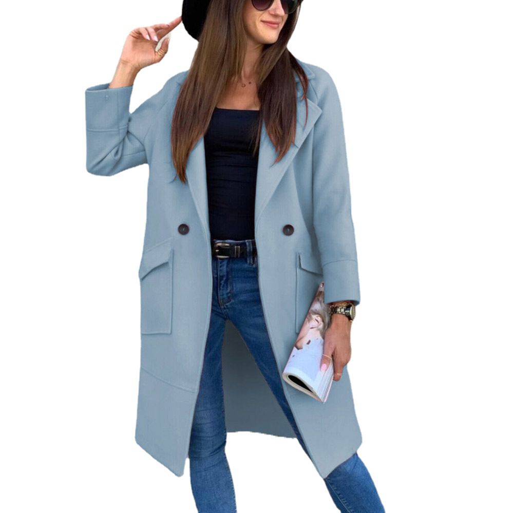 European and American Mid-Length Autumn and Winter Korean Style Lapel Slimming Solid Color Slim Women Woolen Coat Outerwear  Jackets & Coats