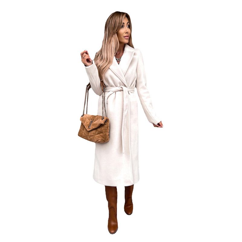 European and American style autumn and winter women's solid color lapel long sleeve coat belt trench coat