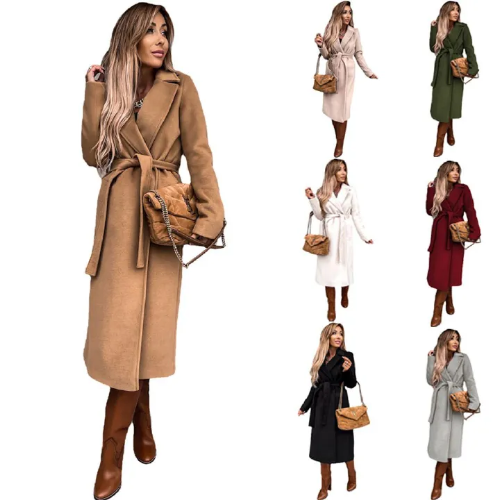 European and American style autumn and winter women's solid color lapel long sleeve coat belt trench coat