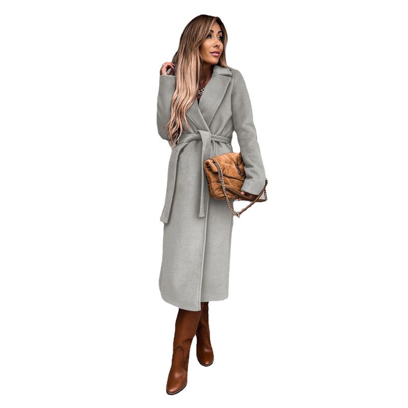 European and American style autumn and winter women's solid color lapel long sleeve coat belt trench coat
