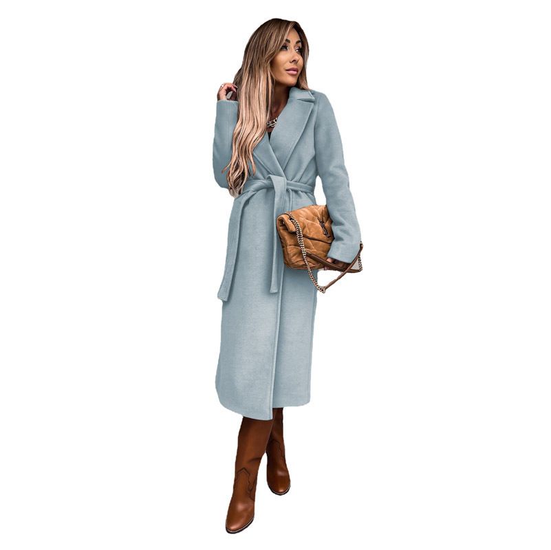 European and American style autumn and winter women's solid color lapel long sleeve coat belt trench coat