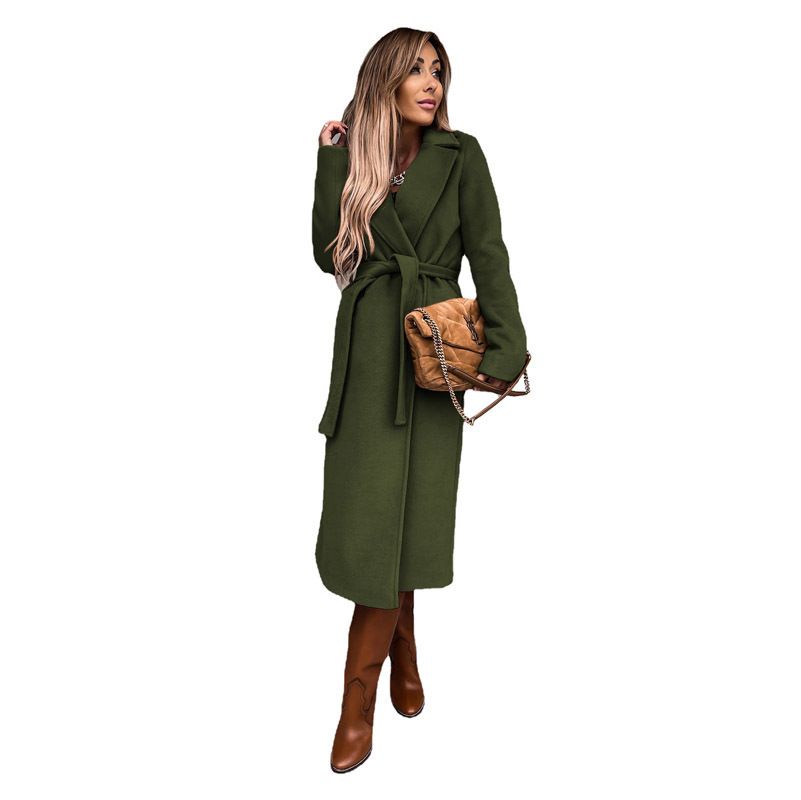 European and American style autumn and winter women's solid color lapel long sleeve coat belt trench coat