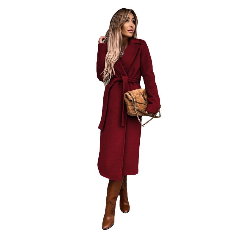 European and American style autumn and winter women's solid color lapel long sleeve coat belt trench coat