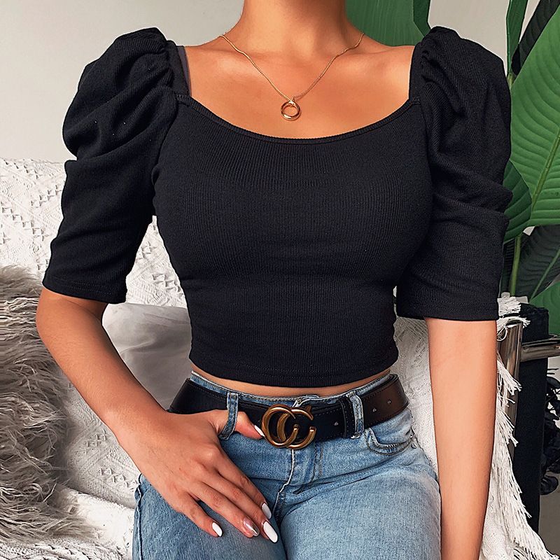 Retro square collar pleated chest belt design short top hot girl slim fit Sequined all-match t-shirt women  T-Shirts