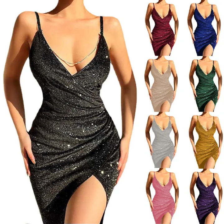 Night Club Style Luxury Glitter Deep V Sexy Suspender Women Dress