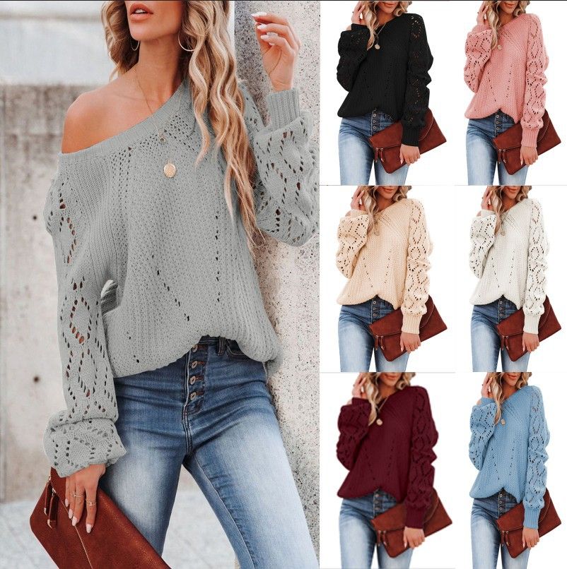 In Stock Women Trendy Knitwear Lace Crochet Long Sleeve Crewneck Sweaters Pullover Jumper Tops Cross-Border Lightknit Clothing  T-Shirts