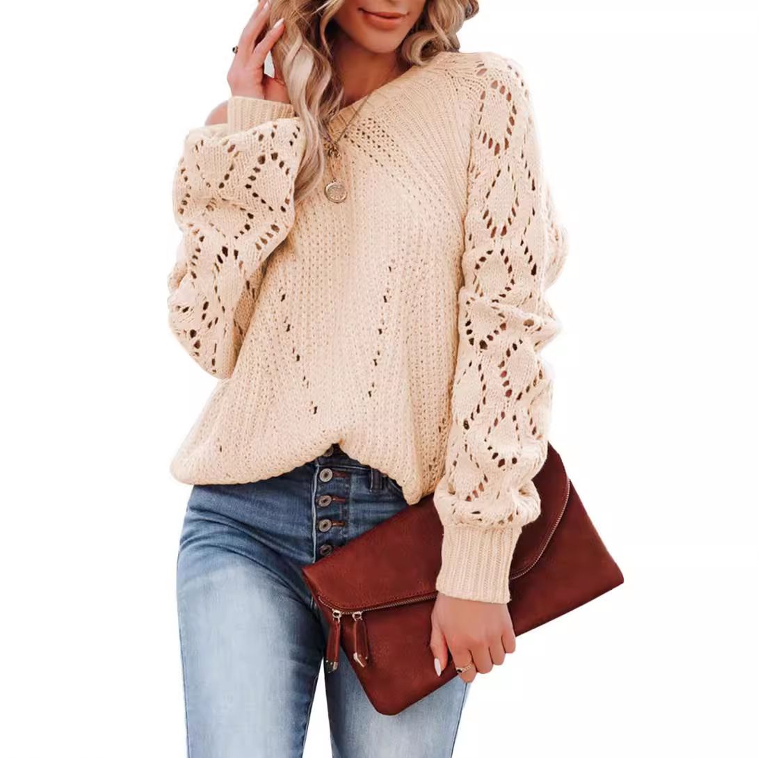 In Stock Women Trendy Knitwear Lace Crochet Long Sleeve Crewneck Sweaters Pullover Jumper Tops Cross-Border Lightknit Clothing  T-Shirts