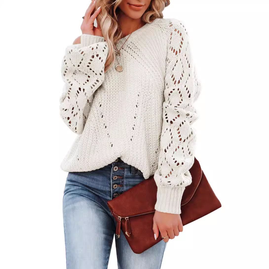 In Stock Women Trendy Knitwear Lace Crochet Long Sleeve Crewneck Sweaters Pullover Jumper Tops Cross-Border Lightknit Clothing  T-Shirts