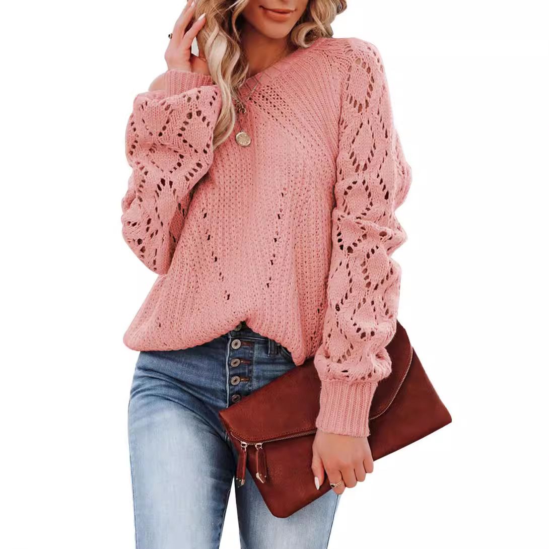 In Stock Women Trendy Knitwear Lace Crochet Long Sleeve Crewneck Sweaters Pullover Jumper Tops Cross-Border Lightknit Clothing  T-Shirts