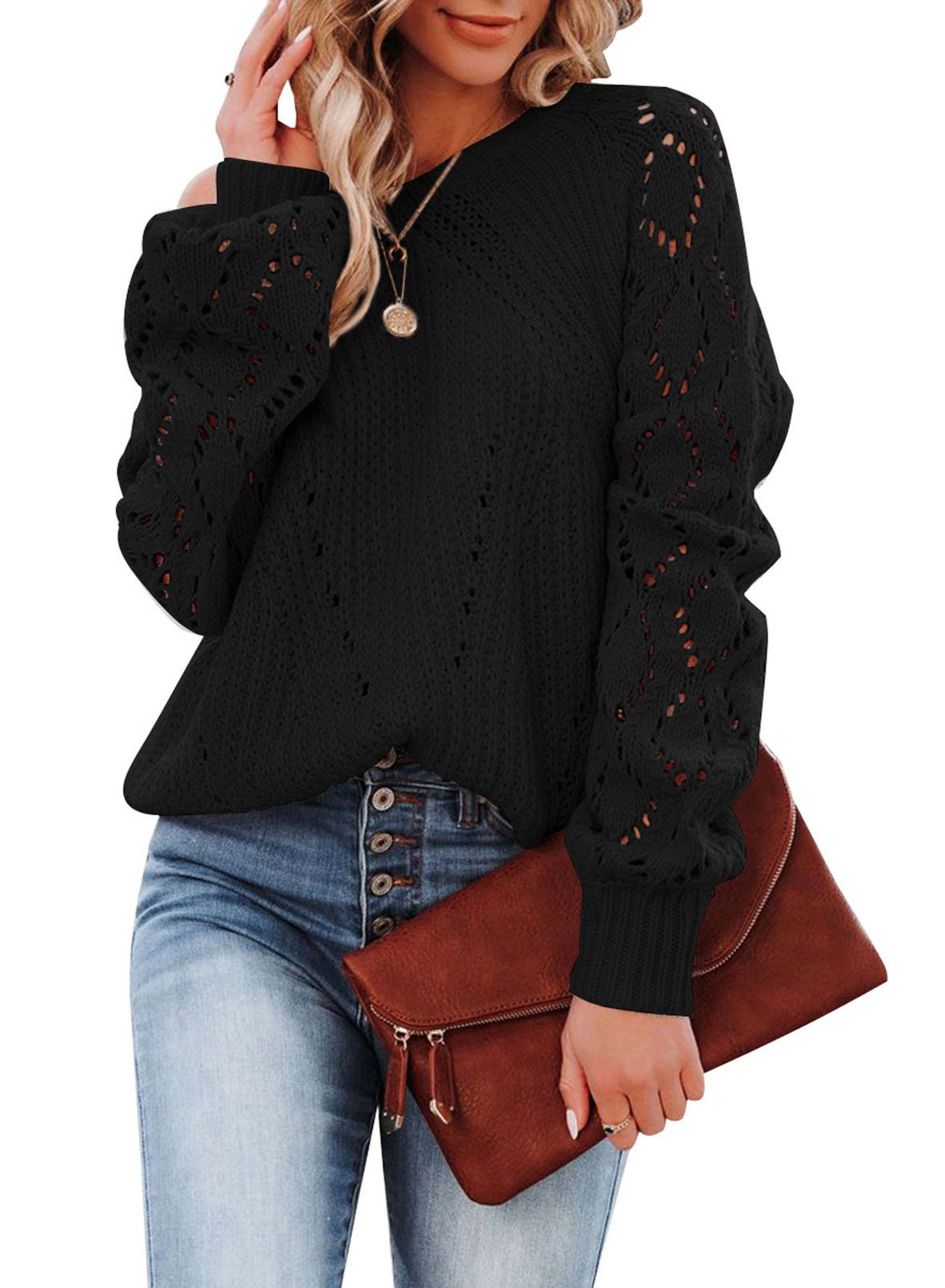 In Stock Women Trendy Knitwear Lace Crochet Long Sleeve Crewneck Sweaters Pullover Jumper Tops Cross-Border Lightknit Clothing  T-Shirts