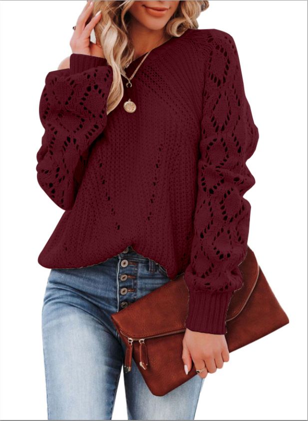 In Stock Women Trendy Knitwear Lace Crochet Long Sleeve Crewneck Sweaters Pullover Jumper Tops Cross-Border Lightknit Clothing  T-Shirts