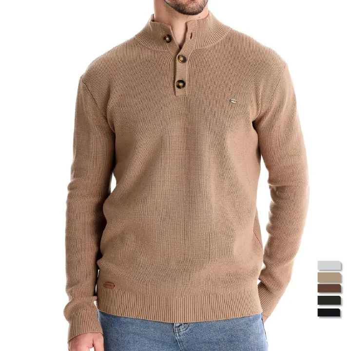 Fashion Knitted 100% Cashmere Men's Pullover Sweater Ribbed Turtleneck Jumper with Half Button Sweaters