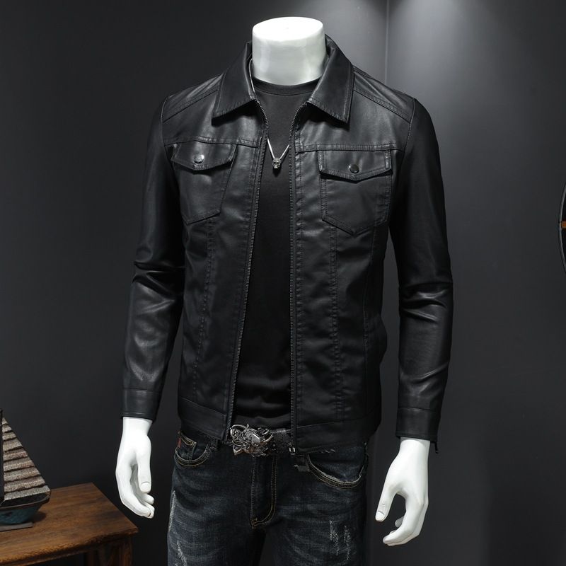 Spring and winter Korean version slim-fit trend plus fleece thickened motorcycle jacket men's leather jacket Coats