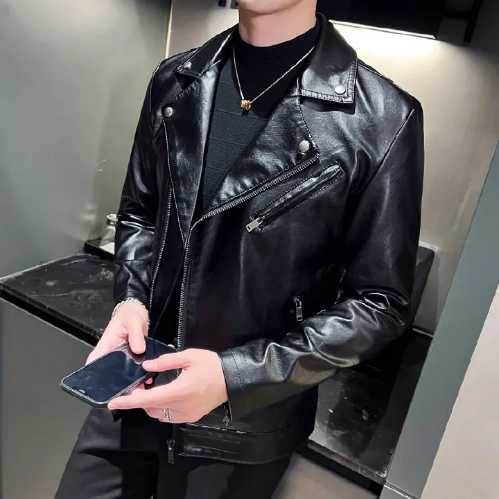 Fashion High Quality Men's Casual Long Sleeve Leather Jacket Design Black Jackets  Coats