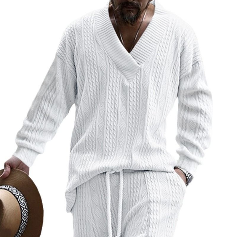 Spring and autumn new European and American men's jacquard loose knitting solid color leisure V-neck long sleeve T-Shirts