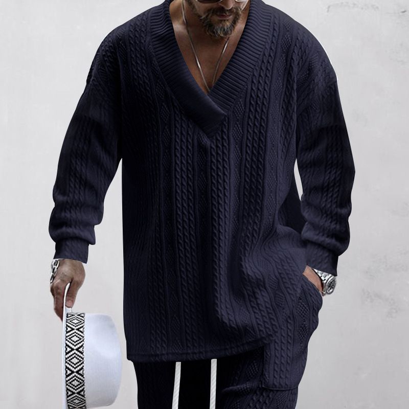 Spring and autumn new European and American men's jacquard loose knitting solid color leisure V-neck long sleeve T-Shirts