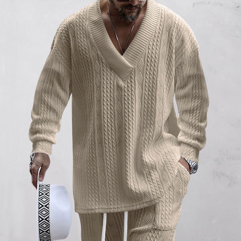Spring and autumn new European and American men's jacquard loose knitting solid color leisure V-neck long sleeve T-Shirts