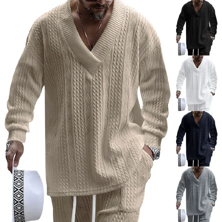 Spring and autumn new European and American men's jacquard loose knitting solid color leisure V-neck long sleeve T-Shirts