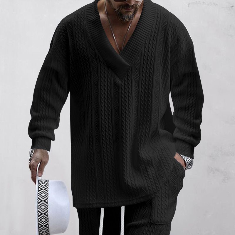 Spring and autumn new European and American men's jacquard loose knitting solid color leisure V-neck long sleeve T-Shirts