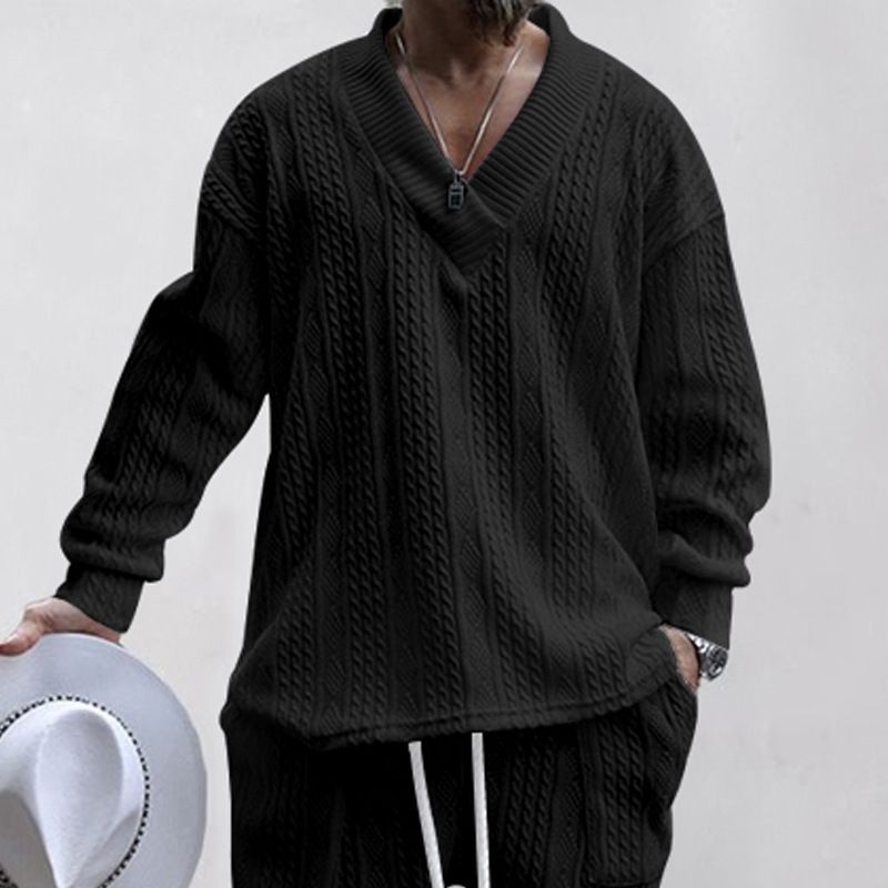 Spring and autumn new European and American men's jacquard loose knitting solid color leisure V-neck long sleeve T-Shirts
