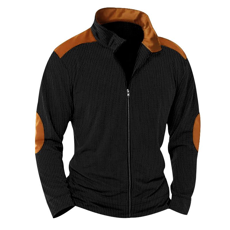 American Men's Casual Heavyweight Corduroy Jacket Solid Color Block Long Sleeved Zipper Cardigan for Winter Worn Fleece Fabric Coats