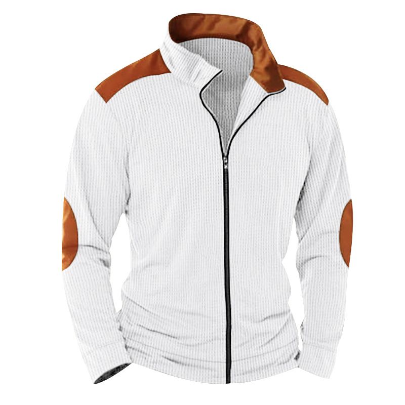 American Men's Casual Heavyweight Corduroy Jacket Solid Color Block Long Sleeved Zipper Cardigan for Winter Worn Fleece Fabric Coats