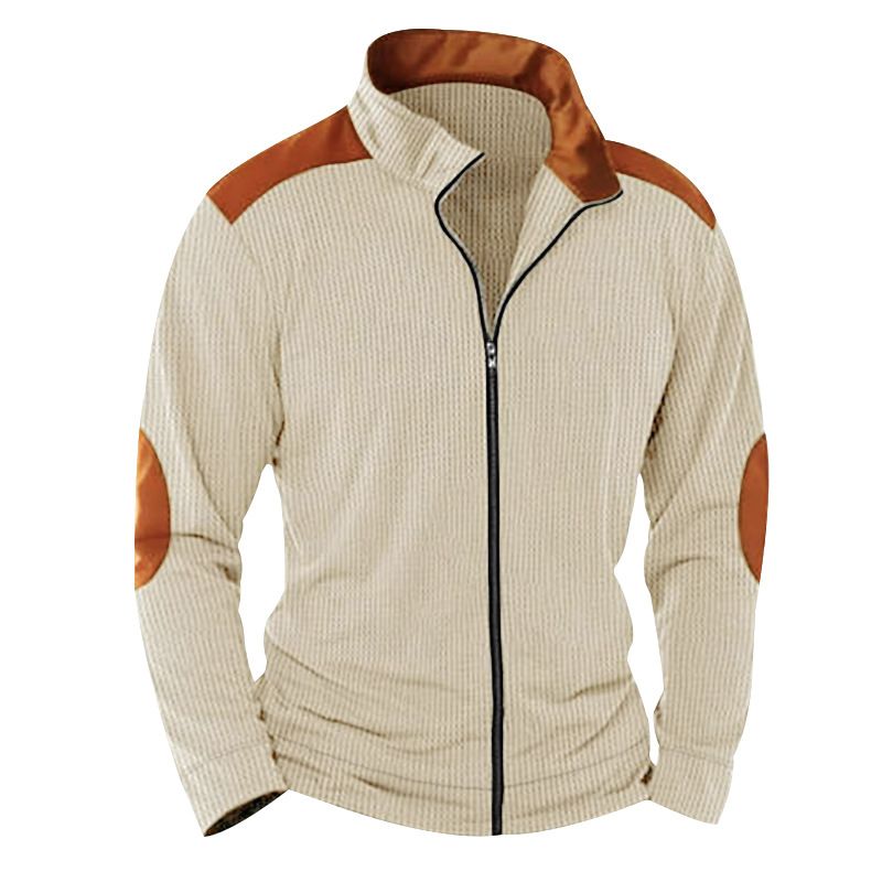 American Men's Casual Heavyweight Corduroy Jacket Solid Color Block Long Sleeved Zipper Cardigan for Winter Worn Fleece Fabric Coats