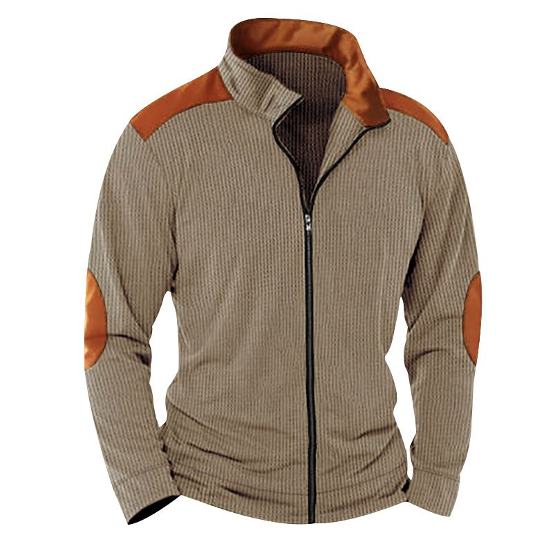 American Men's Casual Heavyweight Corduroy Jacket Solid Color Block Long Sleeved Zipper Cardigan for Winter Worn Fleece Fabric Coats