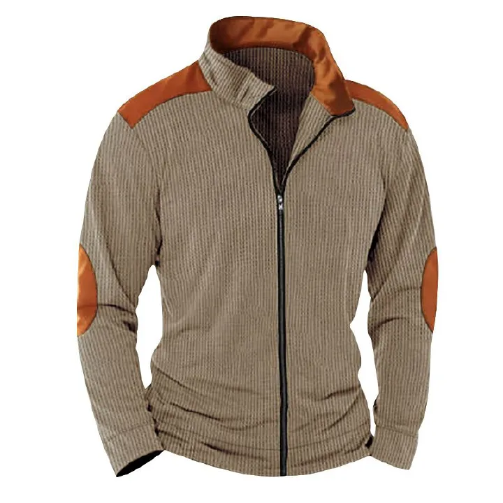 American Men's Casual Heavyweight Corduroy Jacket Solid Color Block Long Sleeved Zipper Cardigan for Winter Worn Fleece Fabric Coats